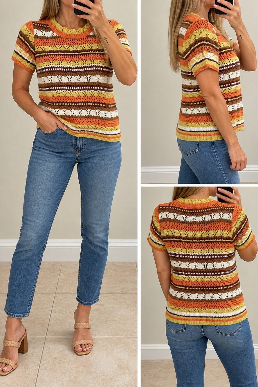 Strut & Bolt Crochet Knit Striped Short Sleeve Sweater Top Size Small